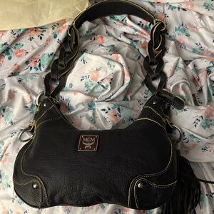EXTREMELY RARE MCM Black Leather Shoulder Bag with Braided Strap and Gold Accent